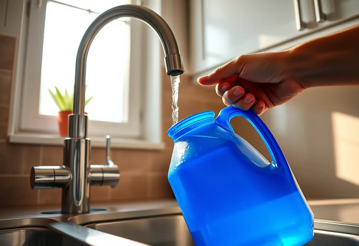 Main versant de l'eau dans un seau bleu dans la cuisine
