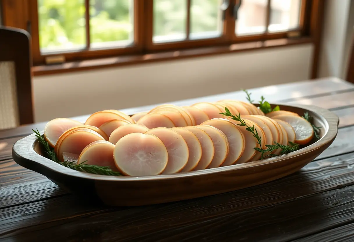 Assiette garnie de tranches de jambon blanc sous lumière naturelle provenant d'une grande fenêtre