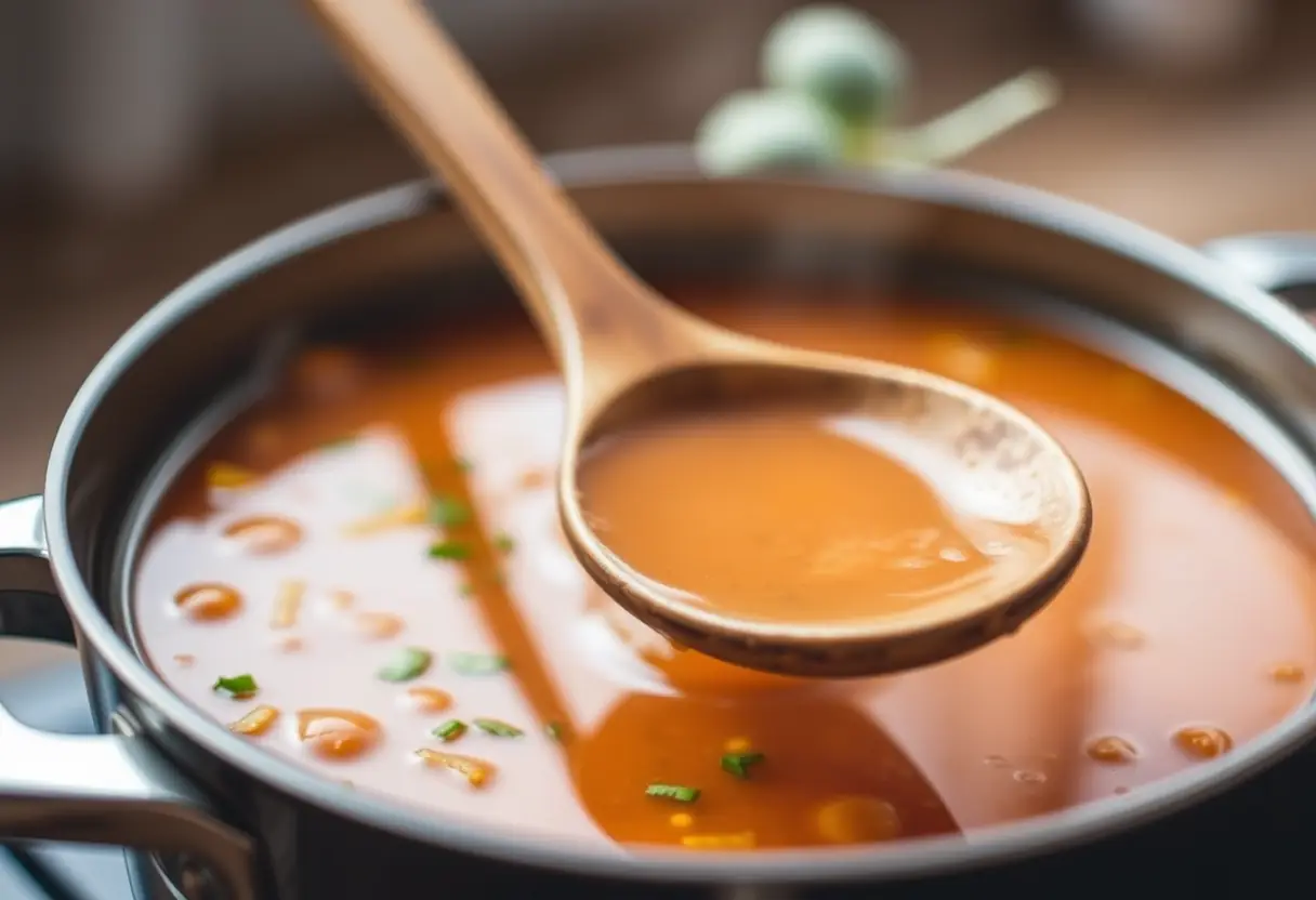 Une cuillère en bois qui remue une marmite de soupe, représentation de la nourriture et du soin durant la grossesse