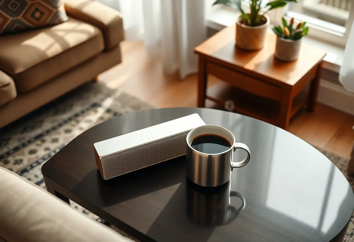 Enceinte Bluetooth sur une table basse avec une tasse de café