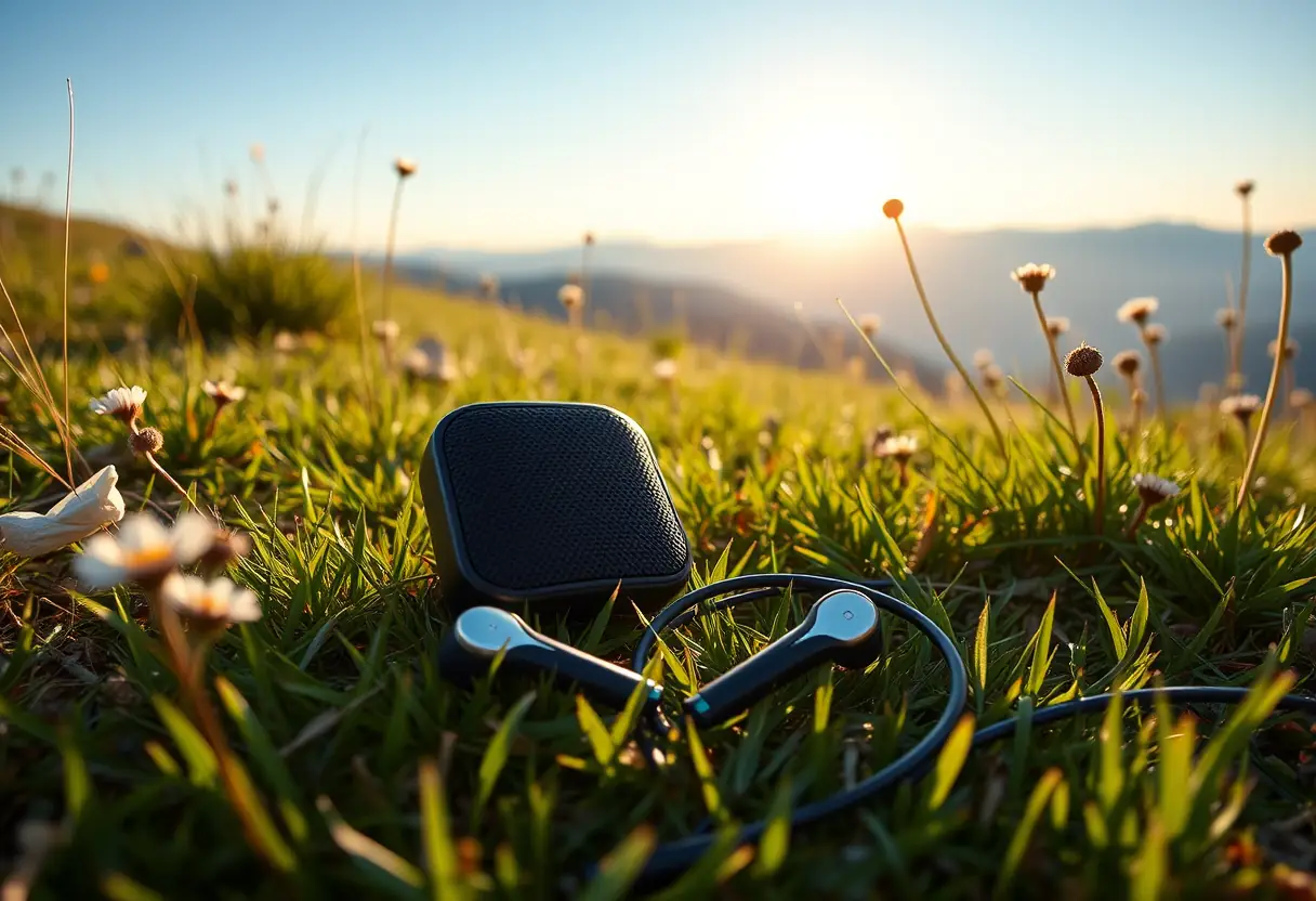 Mini enceinte et écouteurs sur un terrain en herbe