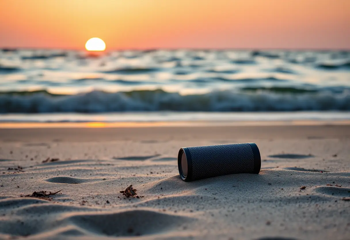 Petite enceinte bluetooth sur plage au coucher du soleil