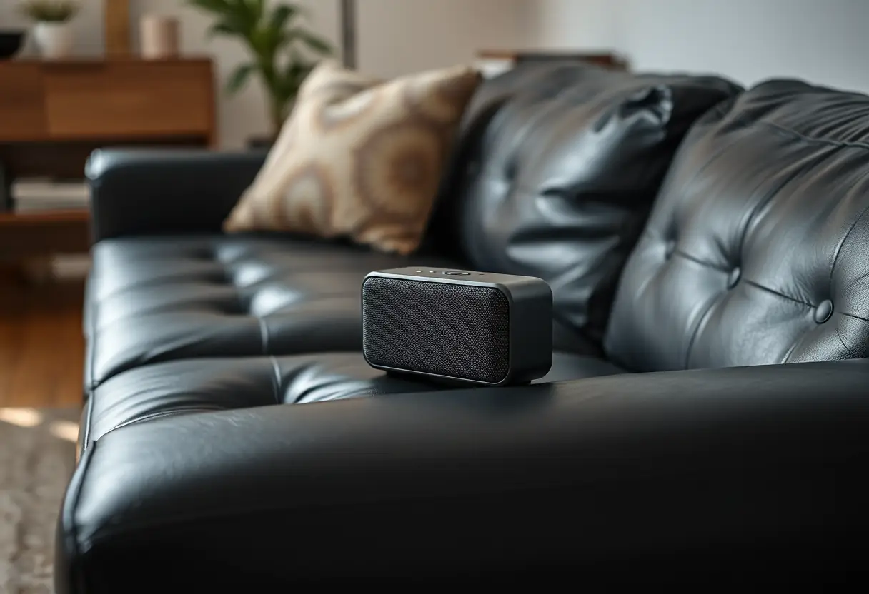 Petite enceinte Marshall posée sur un canapé en cuir