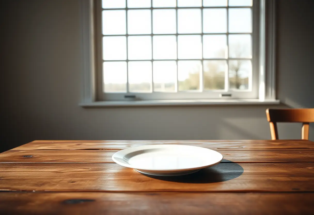 Un plateau blanc vide sur une table de cuisine en bois rustique sous une grande fenêtre