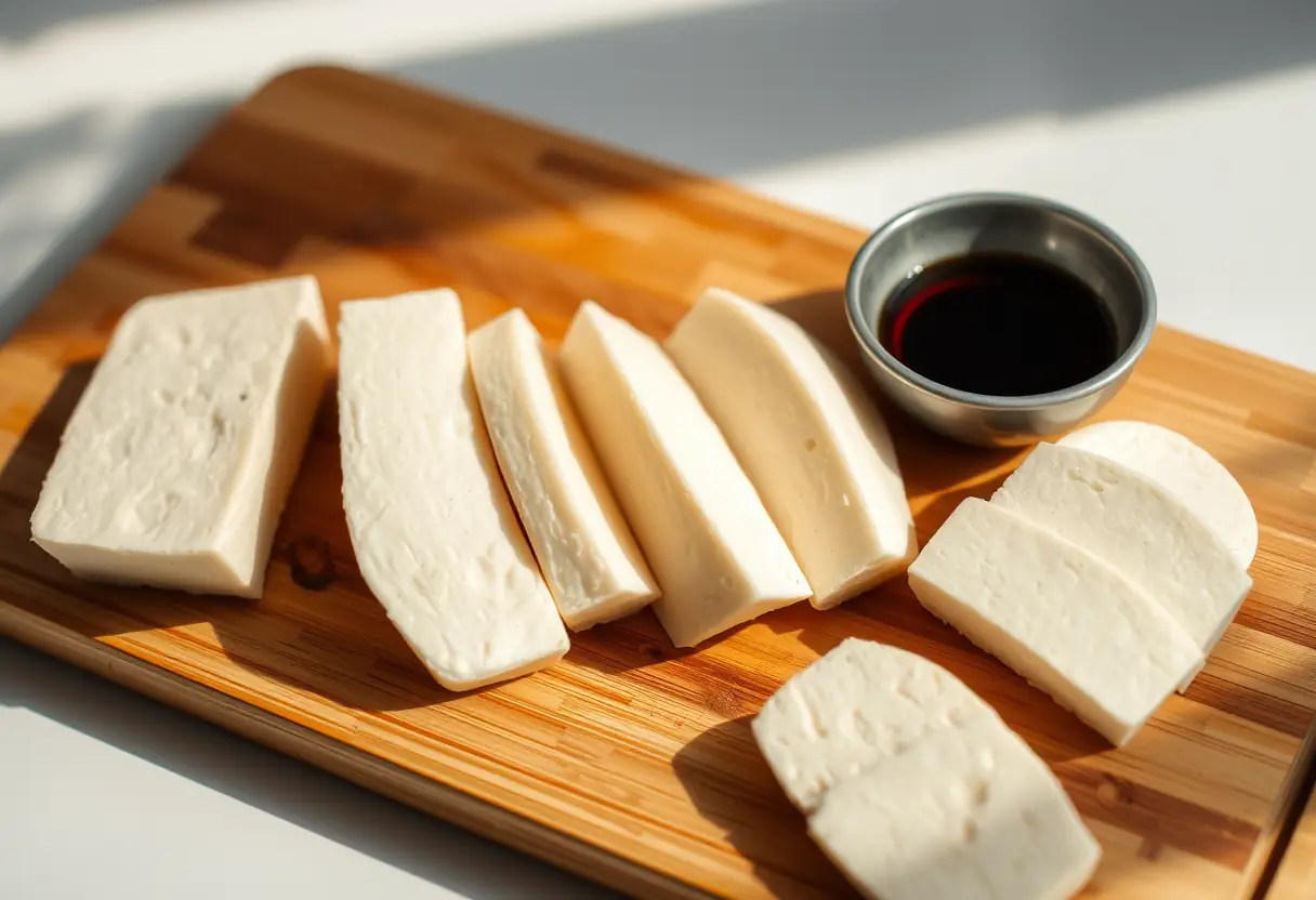 Tofu tranché avec de la sauce soja le matin de grossesse