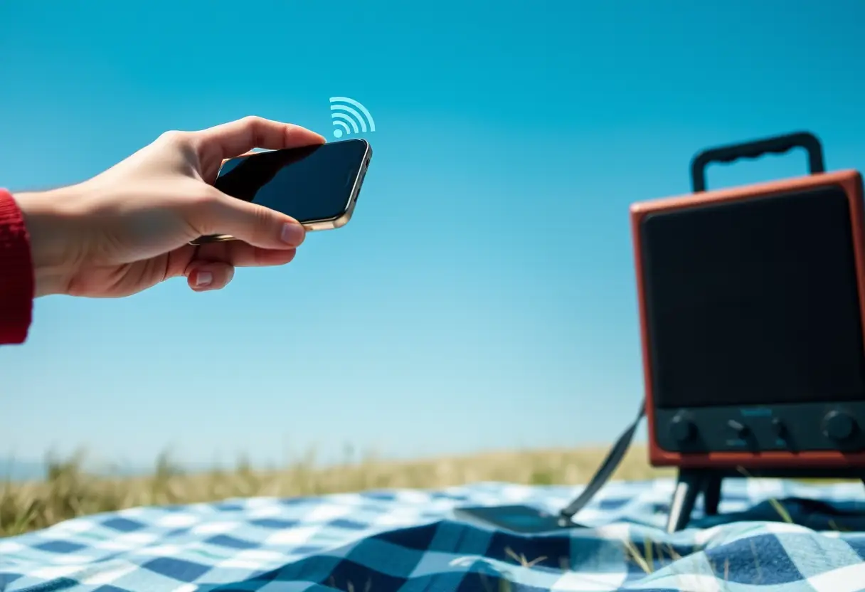 Une main tenant un smartphone connecté à un haut-parleur de tour sur une serviette de pique-nique sous un ciel bleu