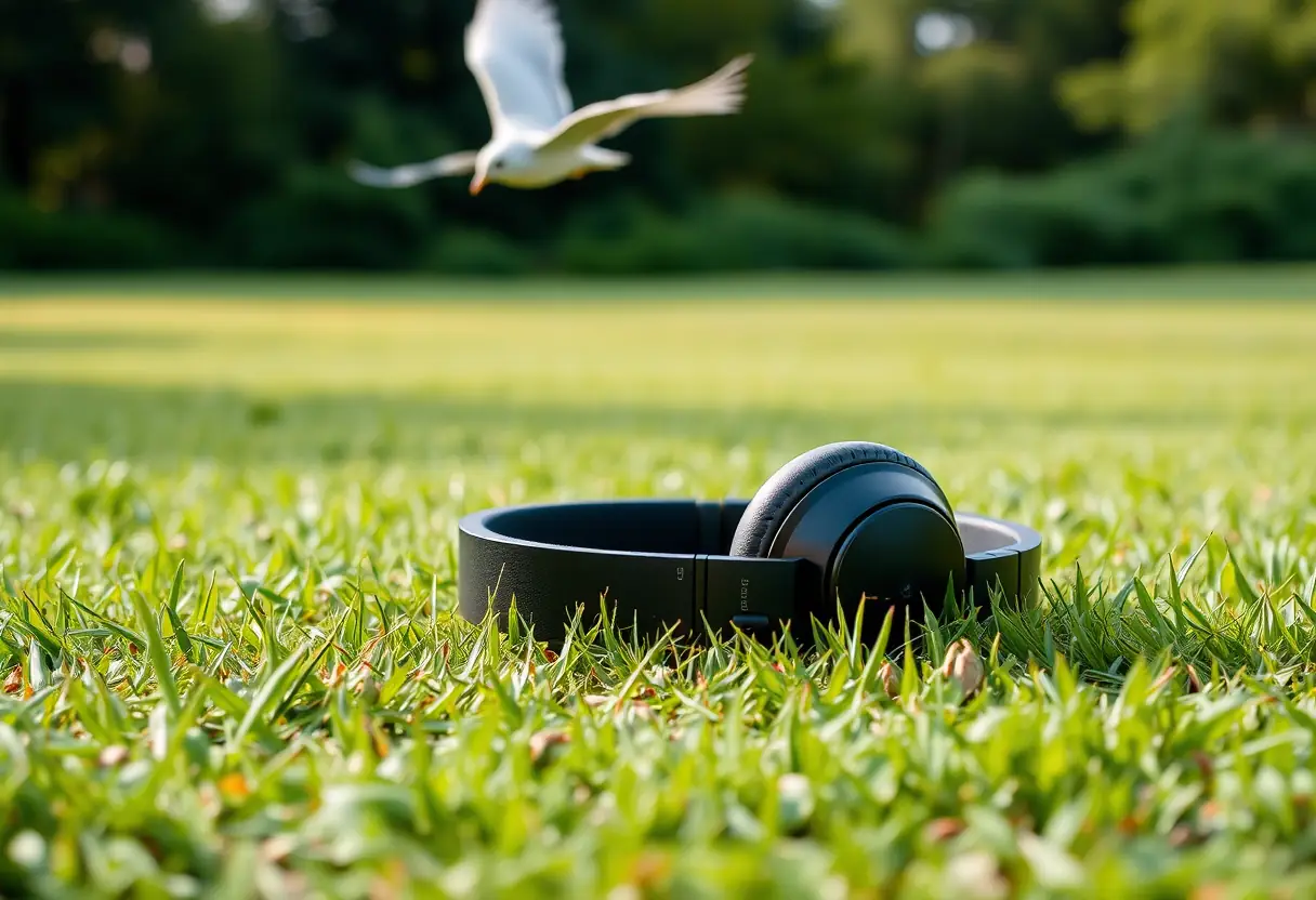 Casques posés sur un gazon avec un oiseau volant