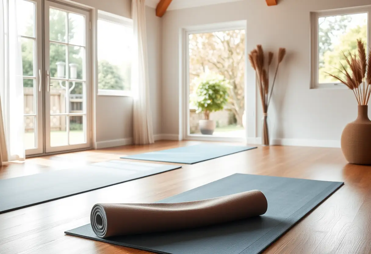 Un espace de yoga intérieur serein avec des tapis douillets